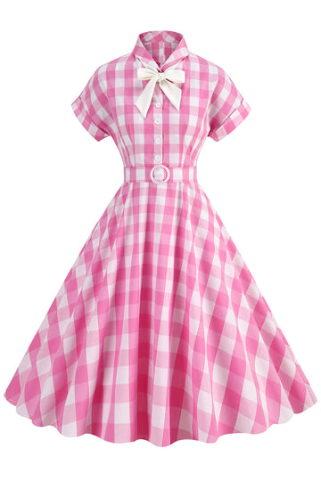 Vestido rosa xadrez bowknot dos anos 1950 com mangas curtas